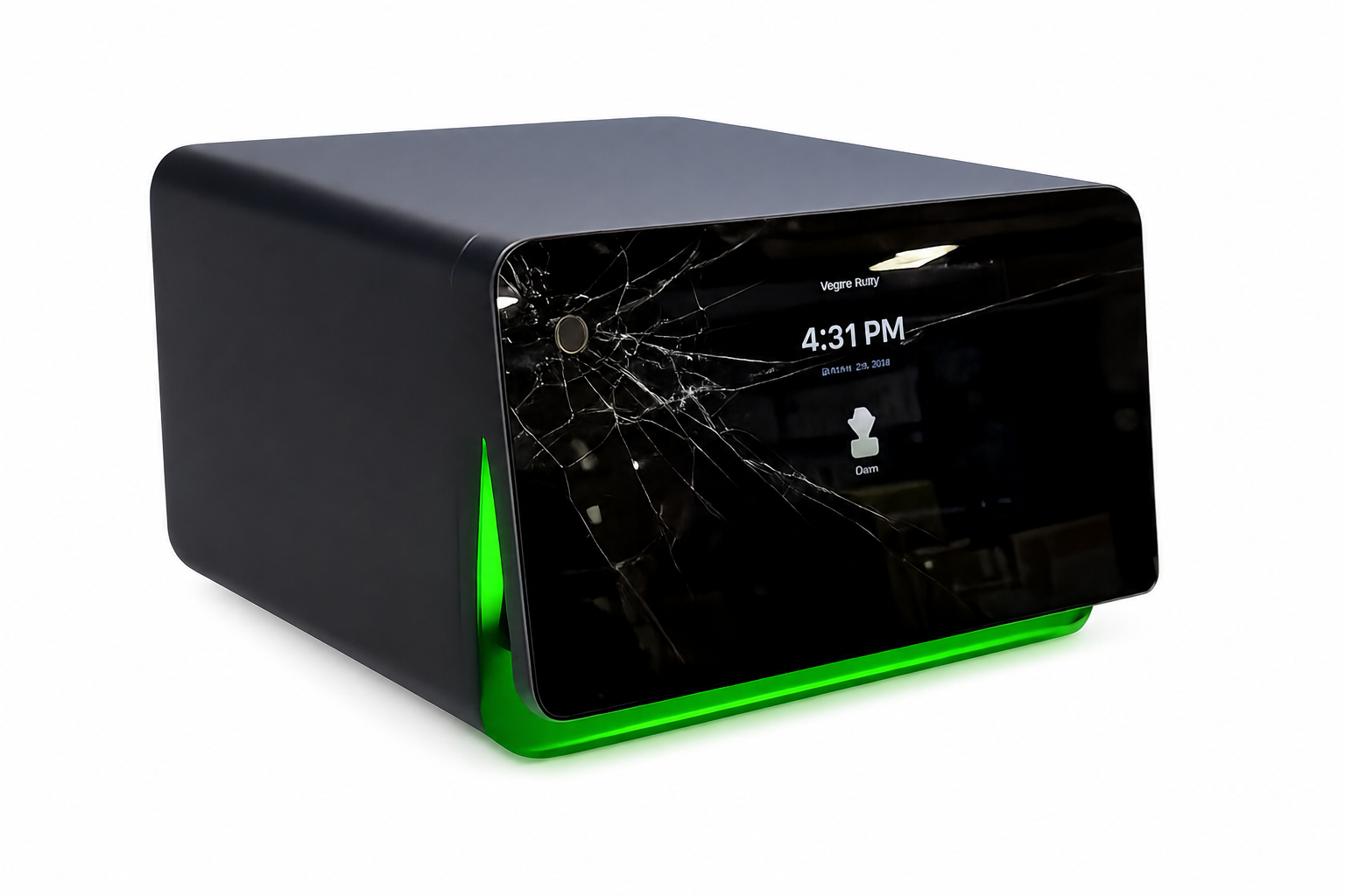 The Space Safe with a cracked touchscreen after an attempted break-in