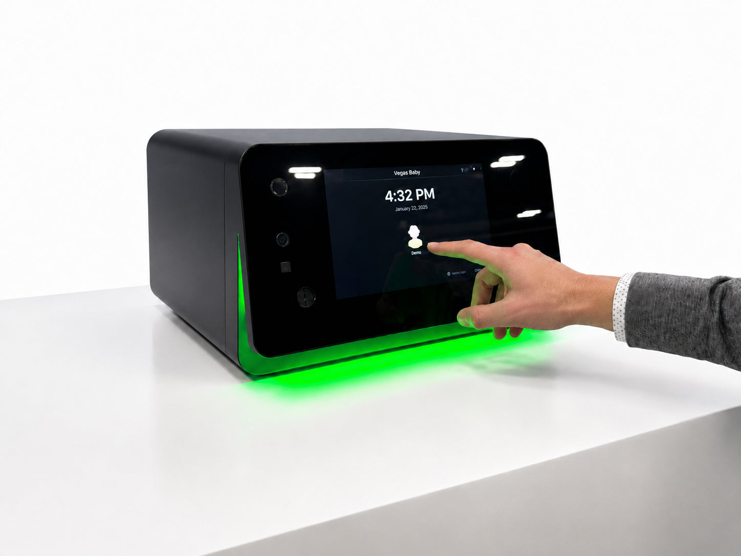A hand using the touchscreen on the Space Safe biometric smart safe