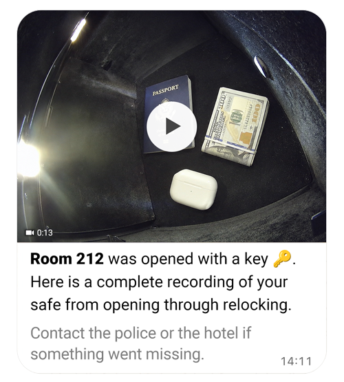 WhatsApp alert containing a complete recording after a hotel key opened the safe